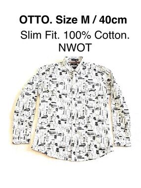 OTTO Slim Fit White Graphic Button-Up Shirt Cotton